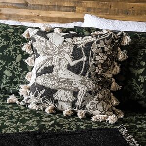 Disturbia Gray White Maypole Fairies Tassel Trim Tapestry Cushions | Set of 2